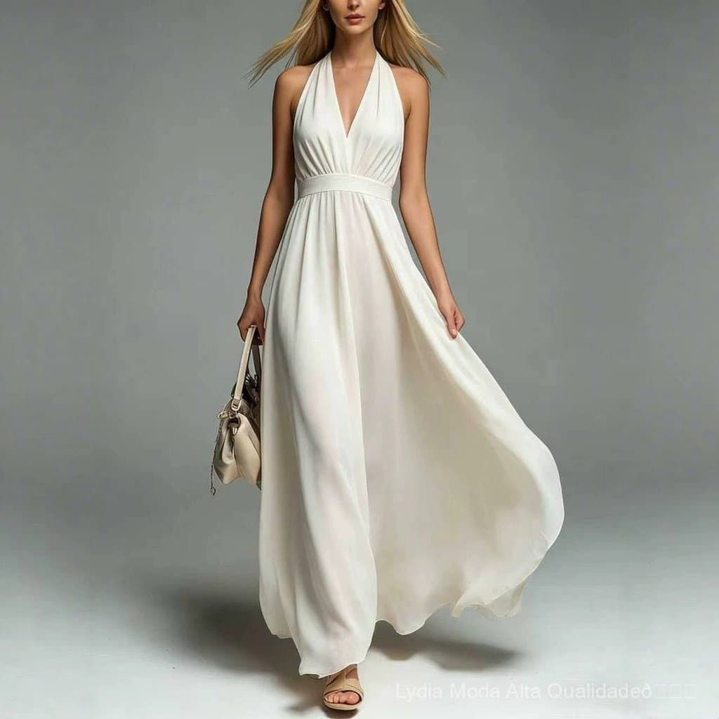 [Liquidação Total] Vestuário feminino moderno de alta qualidade, popular vestido sem mangas com decote halter e em V, ci