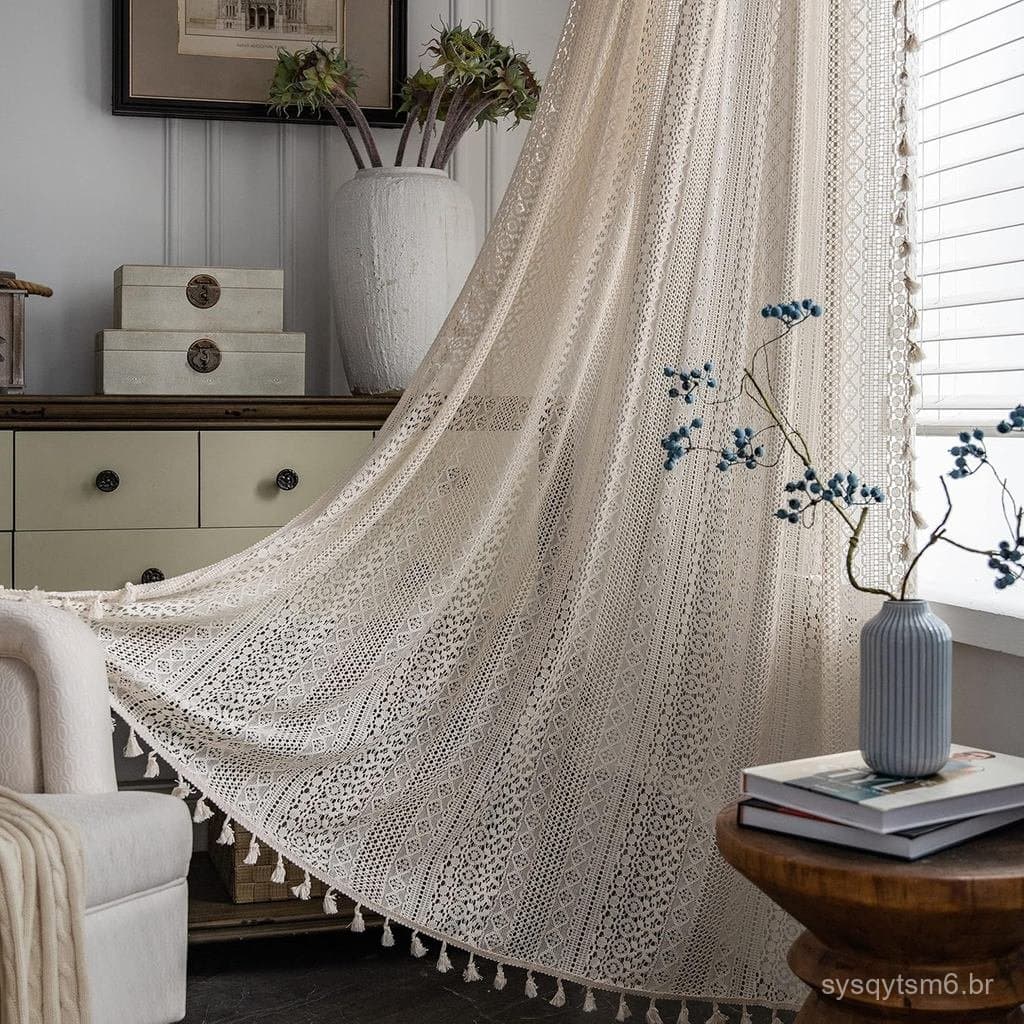 Comprimento 149,9 cm, off-white 84 cm, bege rústico 213,4 cm, cortinas Mia de renda de crochê cor creme, 213,3 cm de lar