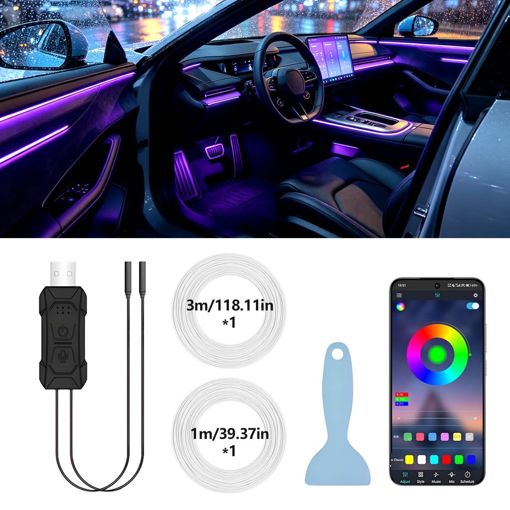 3/4/8m RGB Fibra Óptica Interior Do Carro Luz Ambiente 12V LED De Tira USB Controle APP 16 Milhões Cores Decoração Autom