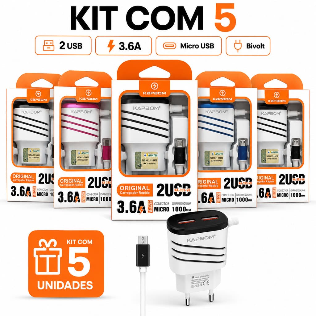 Kit 5 Fonte Carregador Tomada Kapbom 3.6A 2 USB Bivolt com Cabo Micro USB V8 1m