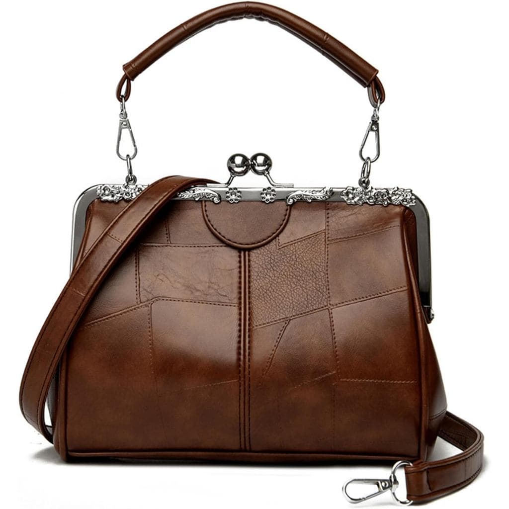 IAMUHI Bolsa de Mão Feminina de Moda em Couro PU Brilhante e Macio, Estilo Vintage, com Fecho Kiss Lock, Formato de Conc