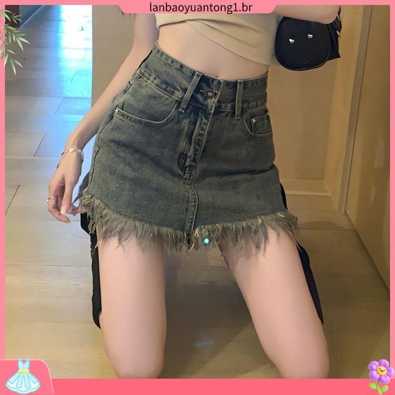 Menina quente saia jeans feminina ins influenciador cintura alta Design franja a linha Hip-embalagem nicho Retro saia cu