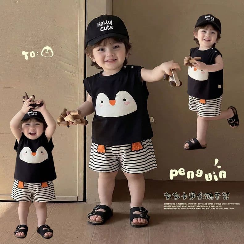 Verão estilo fino bebê Shorts de manga curta conjunto bonito Super bonito bebê dos desenhos animados pinguim listrado ca
