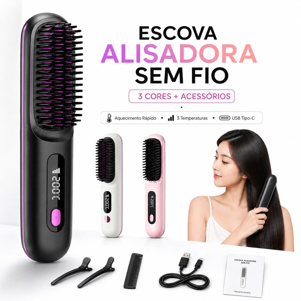 Escova Alisadora Sem Fio Recarregável com Íons Negativos 2 em 1 Portátil Anti Frizz