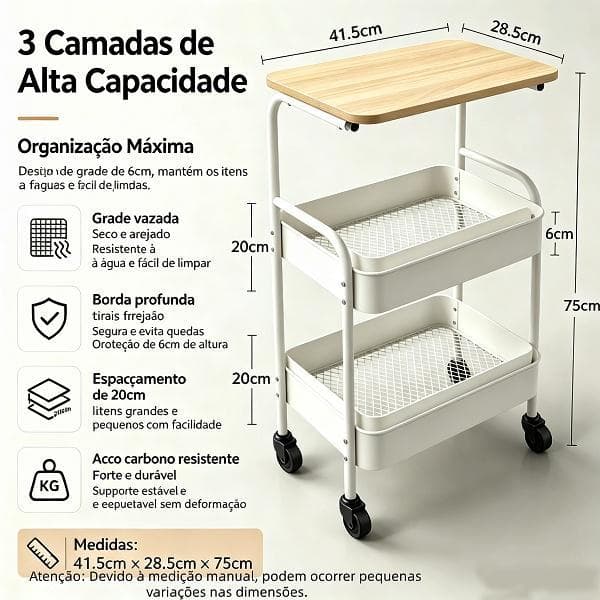 Mesa Lateral Móvel Multifuncional CarrinhocomPrateleiras Duplas Rodízios360°Traváveis ArmazenamentoCozinhaQuartoBanheiro