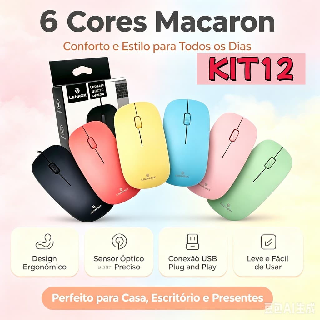 Kit 12 Mouse USB Ergonômico Macaron Lembrancinha | Óptico Plug & Play Simples | Home Office Escola Dormitório PC