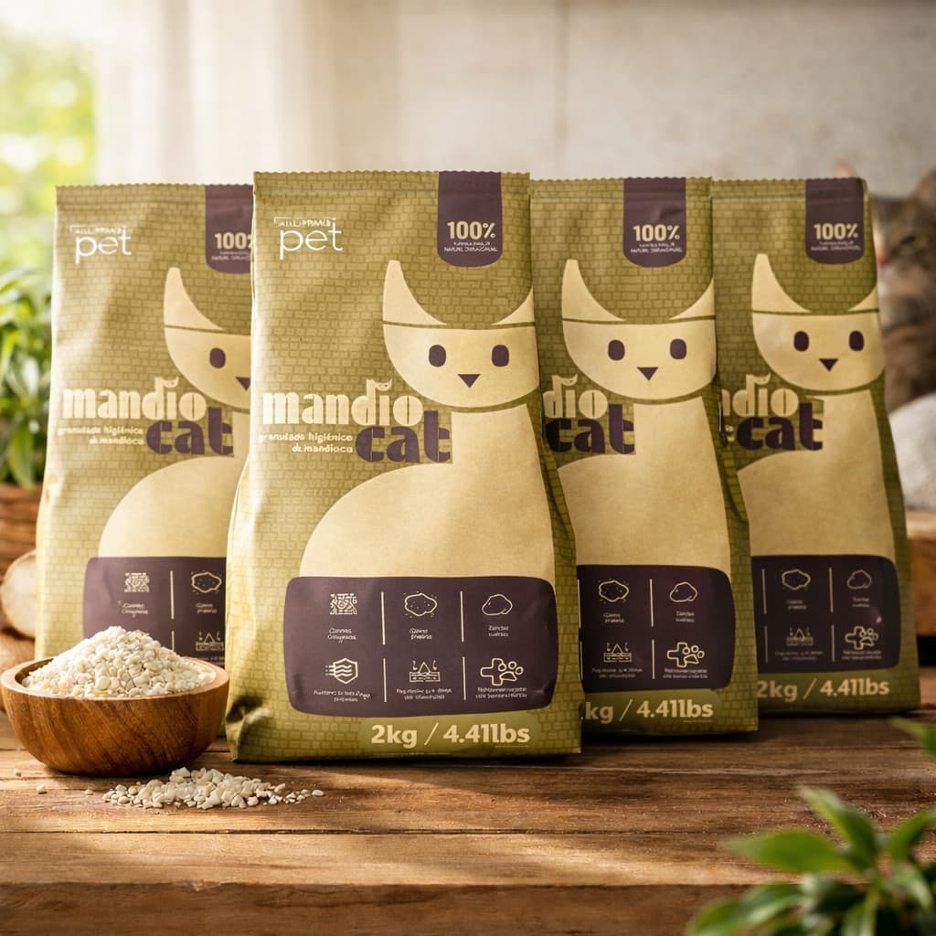 Solução Inteligente para a Caixa de Areia 4 Pacotes de Mandiocat 2kg, Sustentável e Super Absorvente