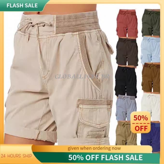 { Pronto Estoque } Shorts Cargo Femininos Com Bolsos , Calças Casuais De Cintura Alta Cordão