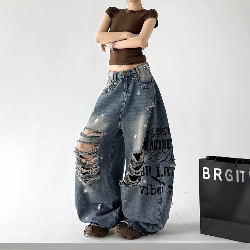 Americano Retro angustiado rasgado Jeans sua mulher verão quente menina personalidade Drape Jazz dança Machete calças