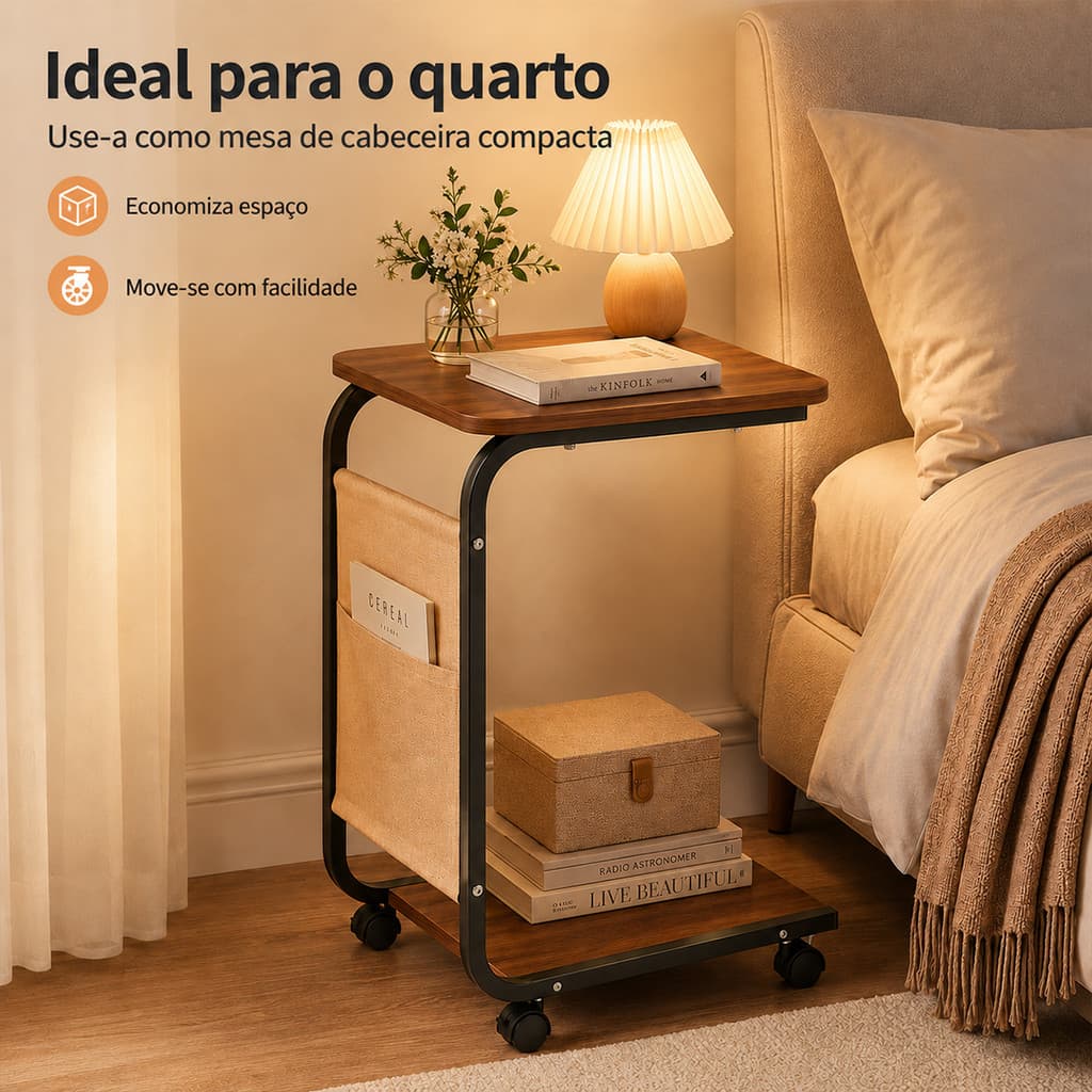 Drelife Mesa Lateral Móvel com Rodas 2 Niveis Bolsa Tampo Madeira p/ Sala e Quarto