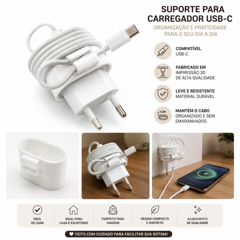 Suporte para Carregador USB-C | Organizador de Cabo Tipo C | Porta Carregador em Impressão 3D