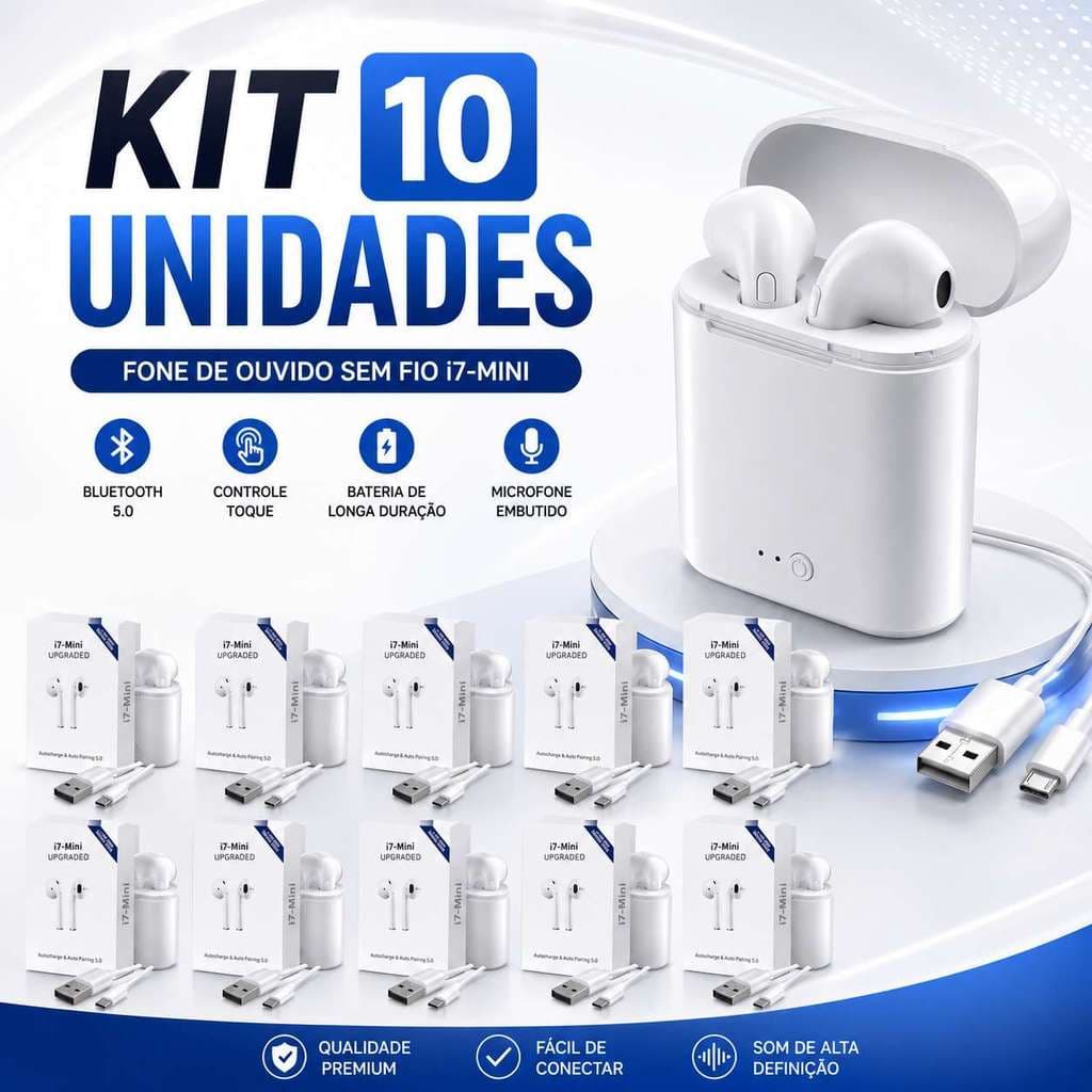 Kit 5/10 Bluetooth i7 Mini 5.0 TWS Sem Fio com Case de Recarga Compatível com Android, iPhone e PC