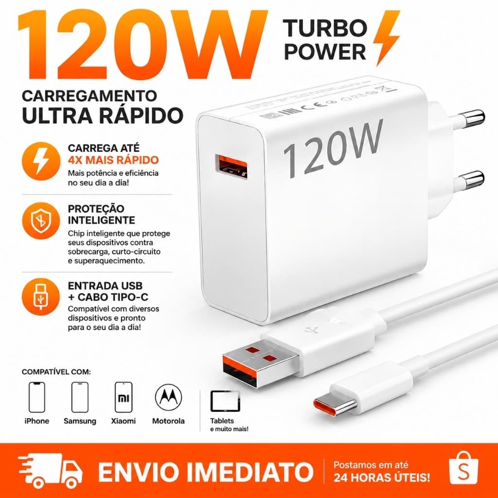 Carregador Turbo 120W USB Tipo-C + Cabo | Carga Super Rápida  Compatível com Xiaomi, Samsung, Motorola e iPhone
