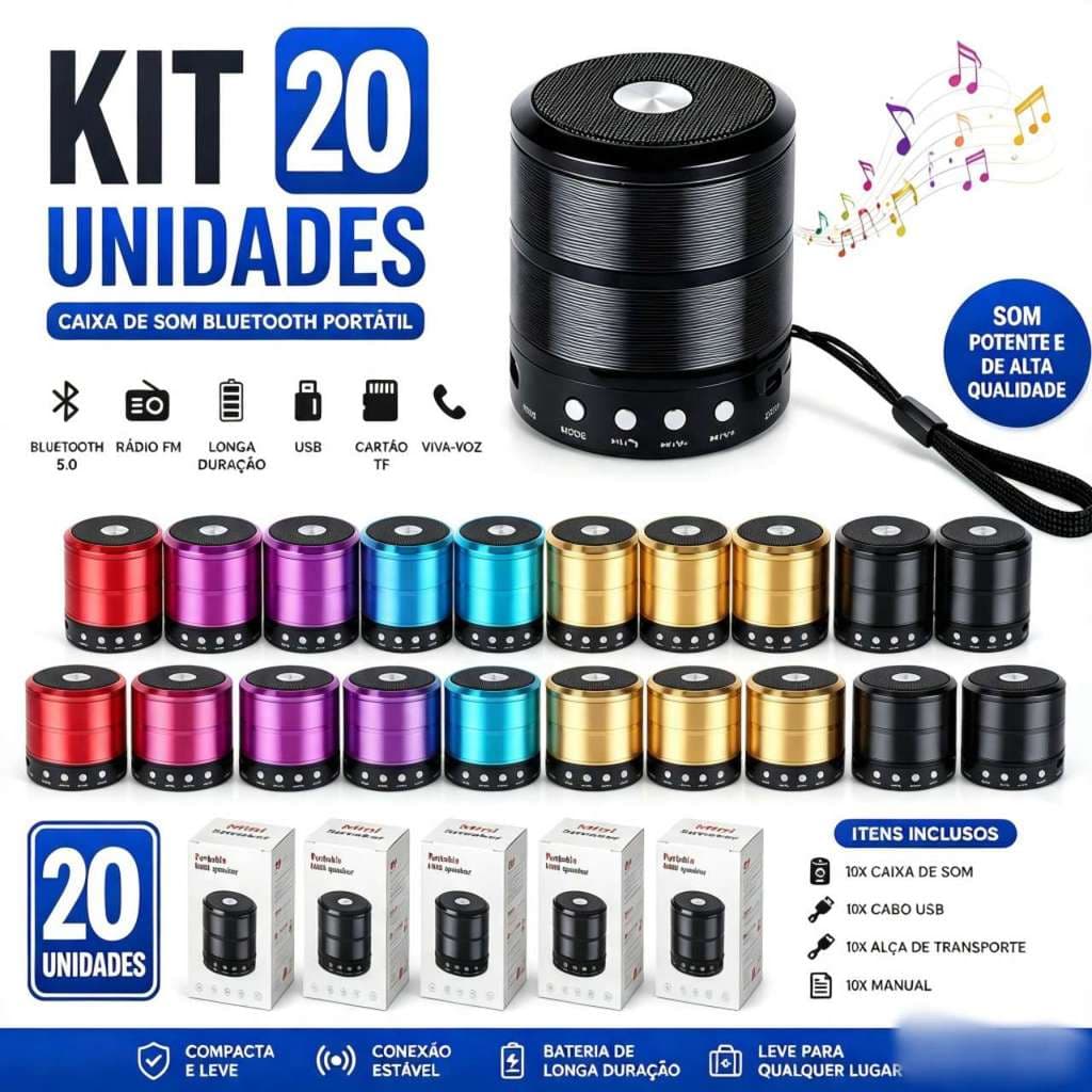 Kit Caixa de Som 887 Bluetooth Portátil Mini 5.0 Sem Fio com Rádio FM, Entrada USB, Cartão TF e Viva-Voz