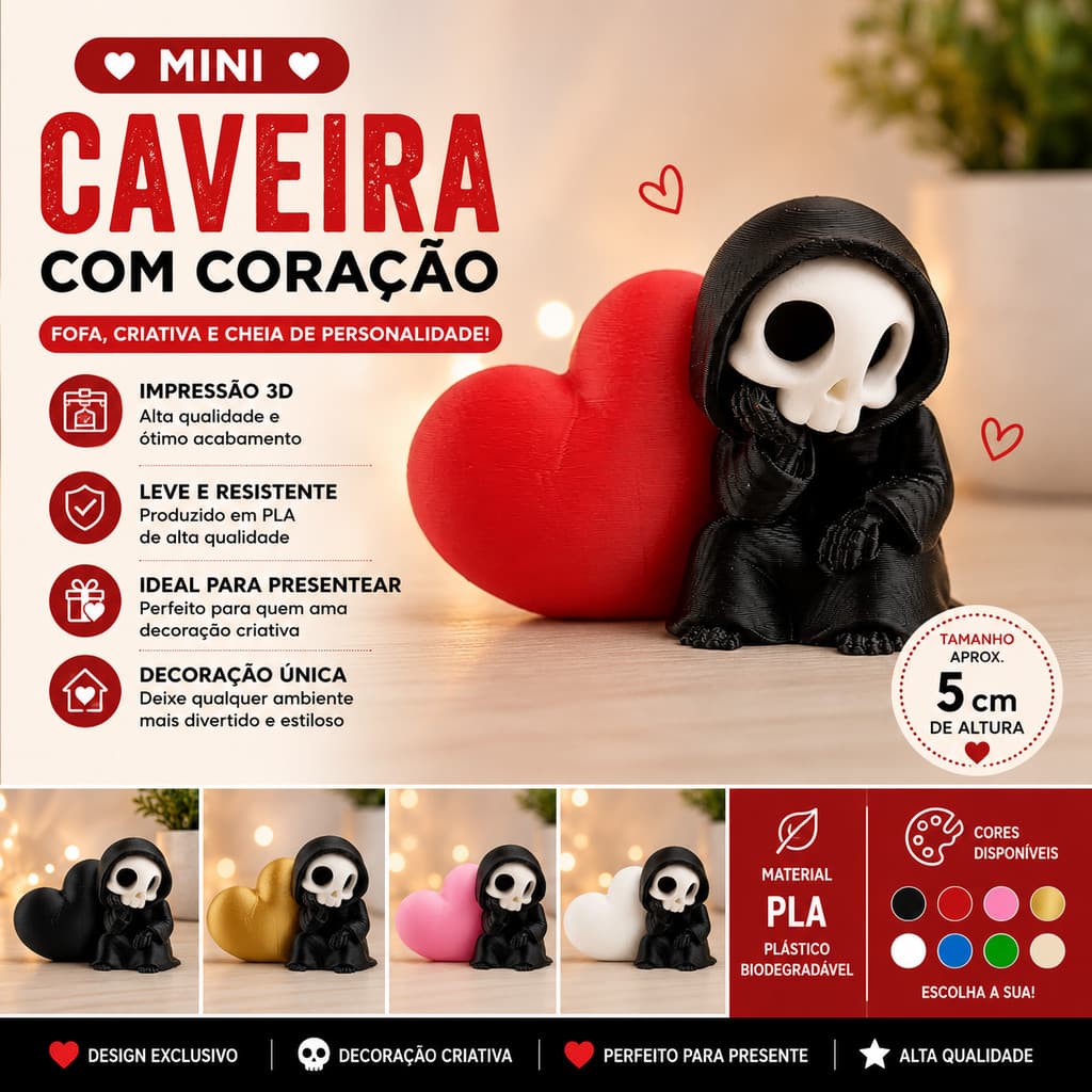 🖤 Mini Caveira Apaixonada com Coração Decorativa 3D em PLA 5cm Presente Criativo Colecionável