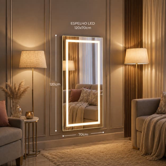 Espelho LED Retangular 120x70 Decorativo Camarim 3 Tons Luz Premium Para Quarto Penteadeira Salão
