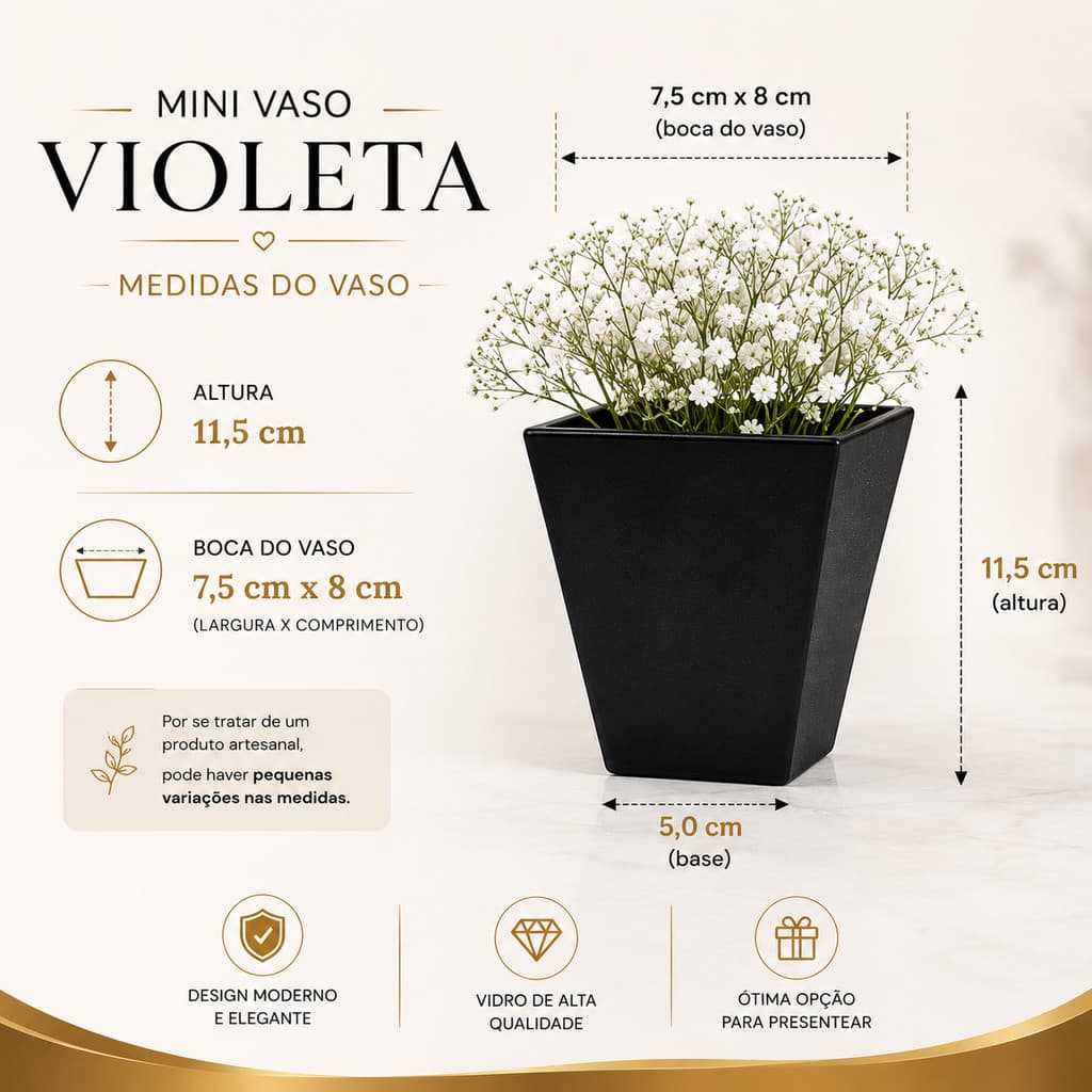 Mini Vaso Violeta Preto 11,5cm x 7,5cm x 8cm decorativo mesa posta casamentos festa casa escritório