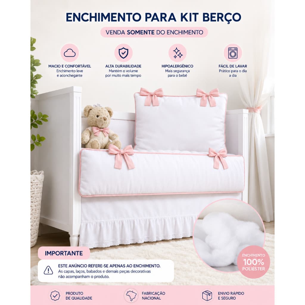 Enchimento para Protetor Lateral de Berço e Travesseiro Infantil Fibra Siliconada