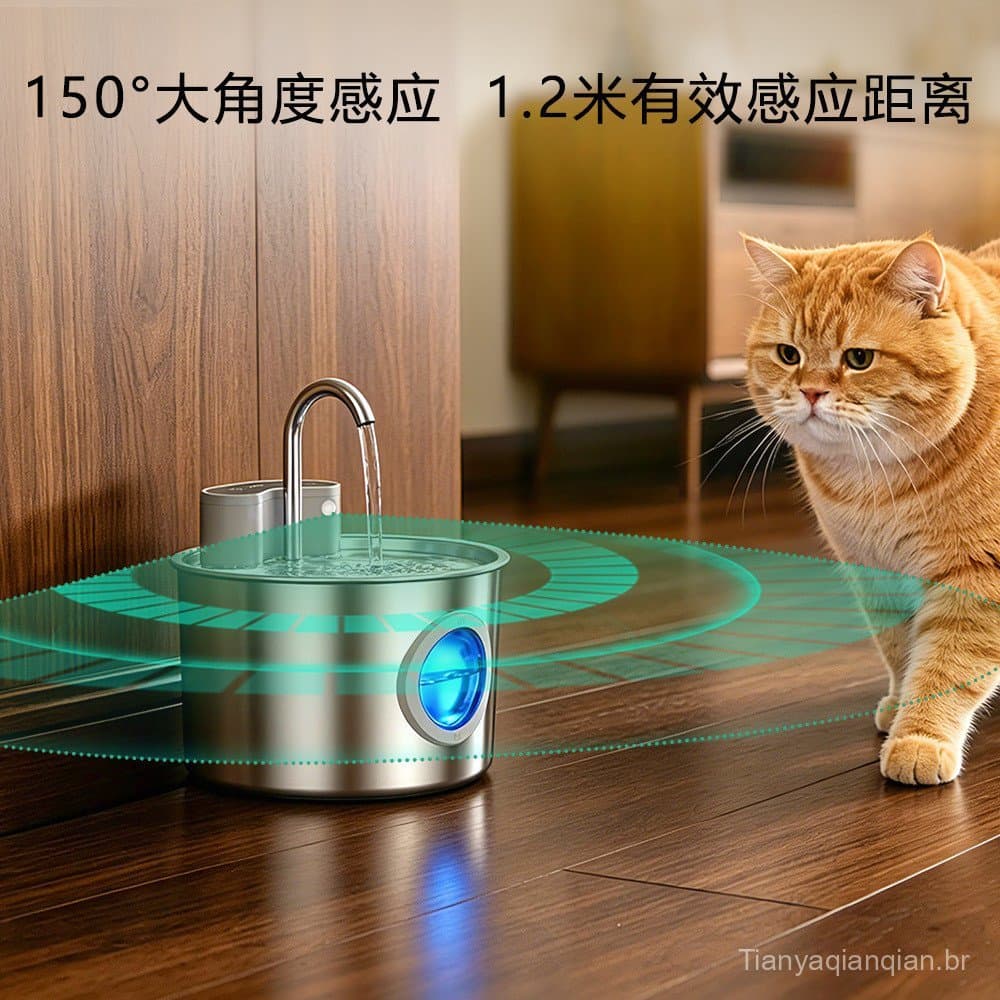 Novo Dispensador de Água para Gatos em Aço Inoxidável com Sensor Sem Fio, Circulação Automática, Fonte de Água para Anim
