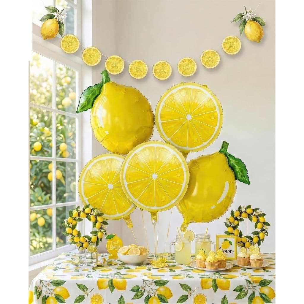 Folhas de limão, folha de limão, balões, limonada de verão com faixa para aniversário com tema de frutas, ela encontrou