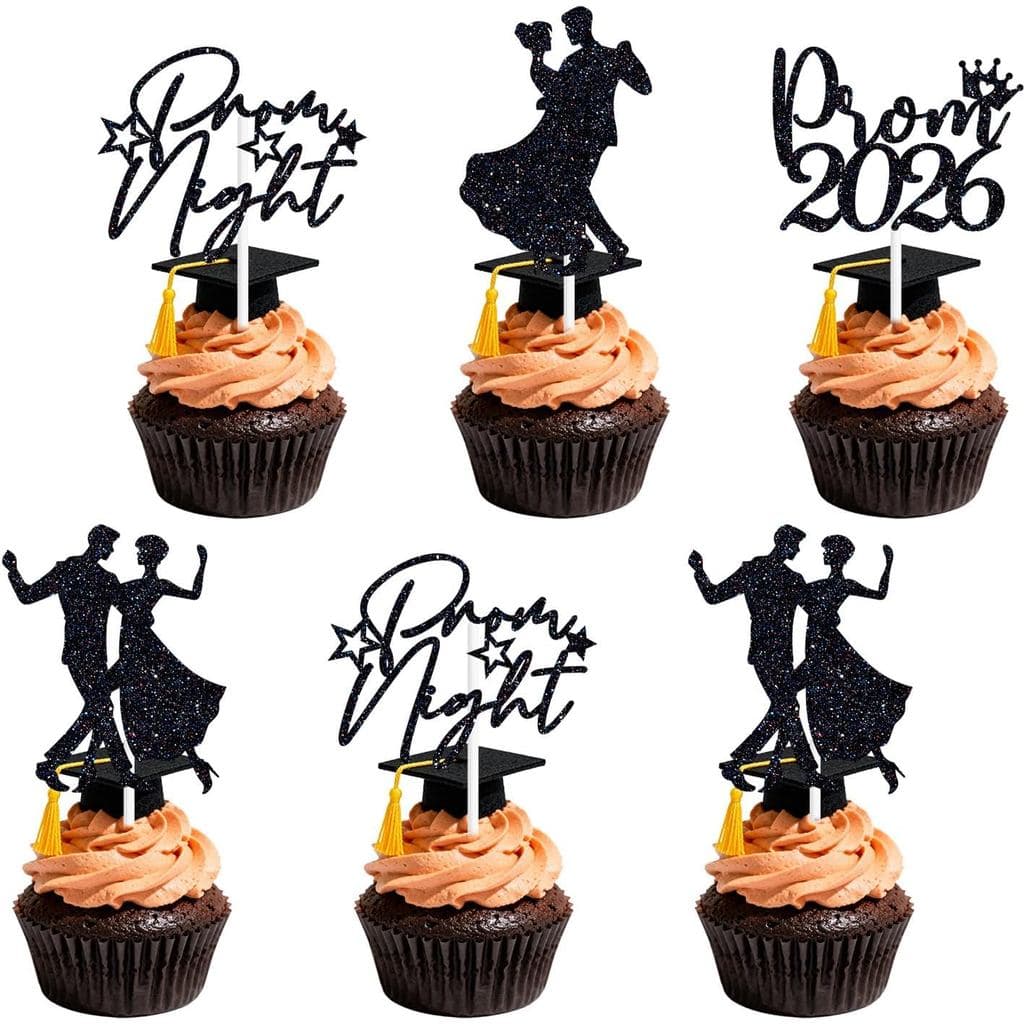 16 Peças de Topper de Cupcake Preto com Glitter para Baile de Formatura 2026 - Decorações para Festa de Formatura da Tur