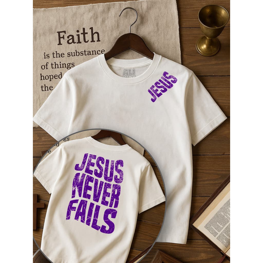 Camiseta Infantil Gospel Jesus Never Fails 100% Algodão Estampa Cristã Premium Infantil