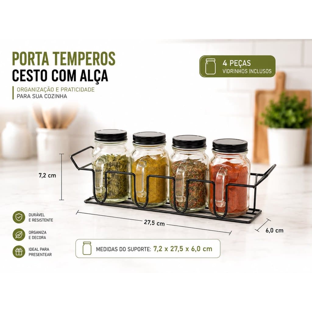 Porta Temperos Cesto com Alça + 4 Potes de Vidro 130ml – Home Land