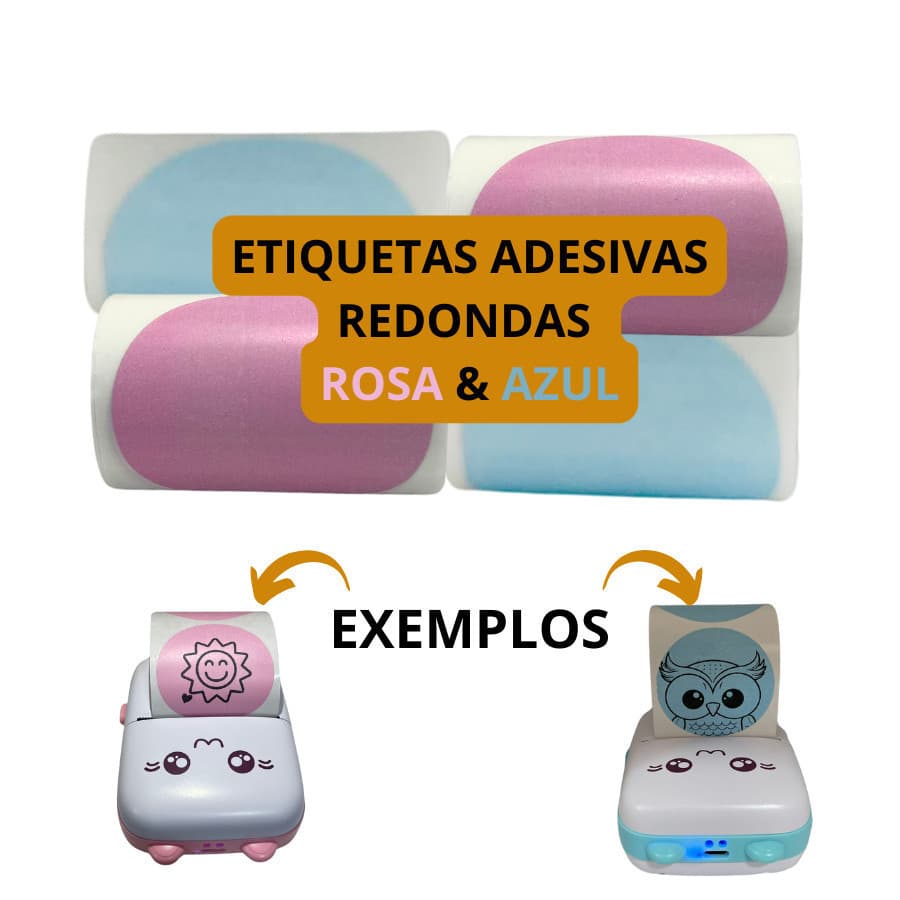 Etiqueta Adesiva Para Mini Impressora Gatinho - 4 Rolos (2 Rolos Rosas e 2 Rolos Azuis)