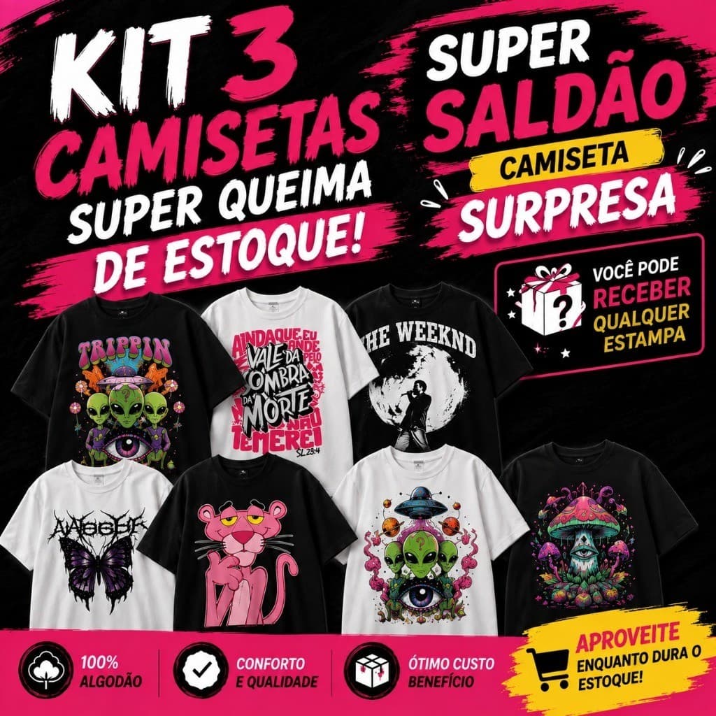 Kit 3 Camisetas Surpresa – Super Queima de Estoque! Saldão Especial 100% Algodão Unissex