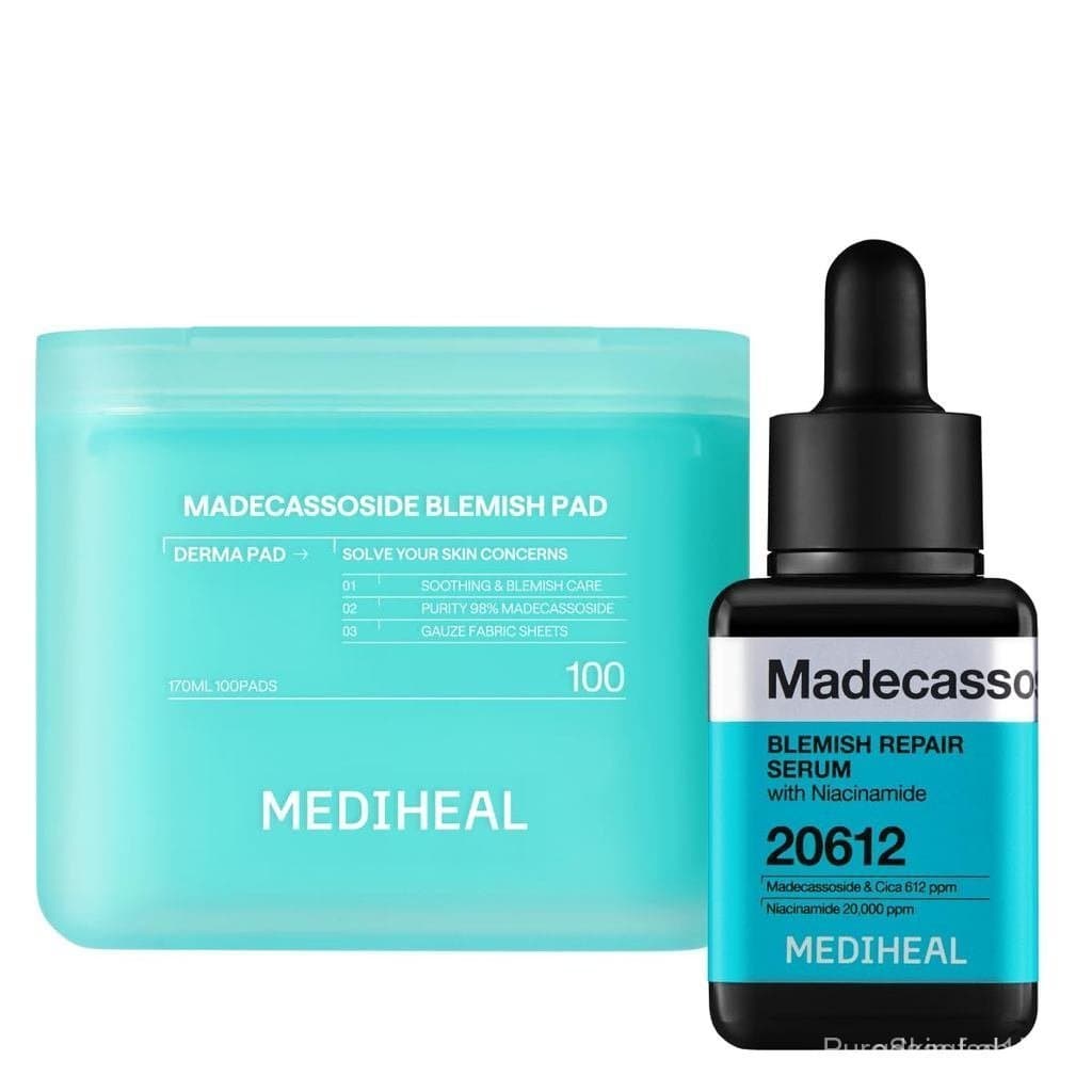 Mediheal Madecassoside Pad & Serum Care Duo Set para Cuidado de Manchas e Imperfeições – Discos Tonificantes de Madecass