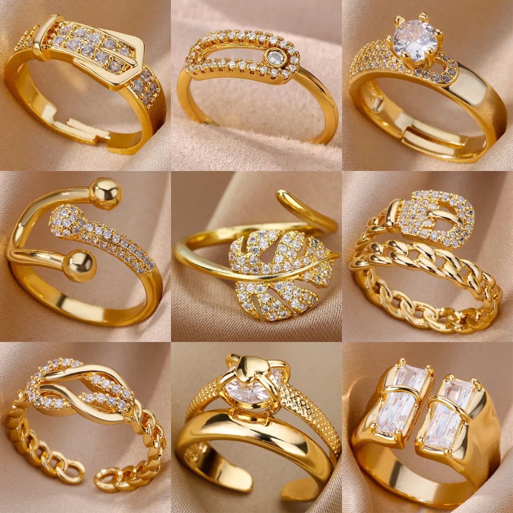 18K banhado a ouro cheio de diamante luz luxo não-desbotamento anel aberto zircão folha anel feminino High-End sentir