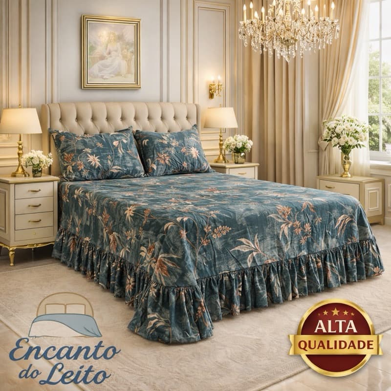 Kit Lençol Colcha Cobre Leito Casal Queen 3 Peças Colcha Estampada com Babado Toque Macio Micropercal Algodão + Fronhas
