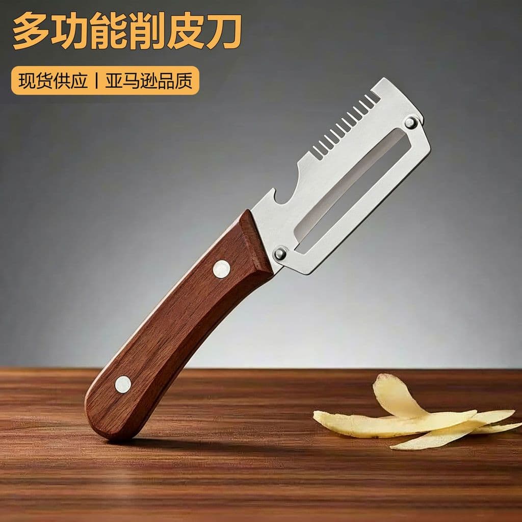 Descascador Multifuncional de Aço Inoxidável, Utensílio de Cozinha para Descascar Frutas e Melões com Cabo de Madeira, F