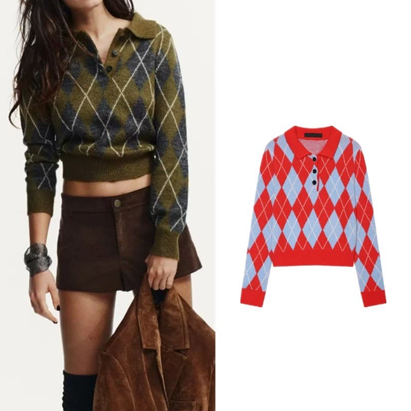 Top de malha de manga comprida com gola POLO com padrão de diamante 2142208