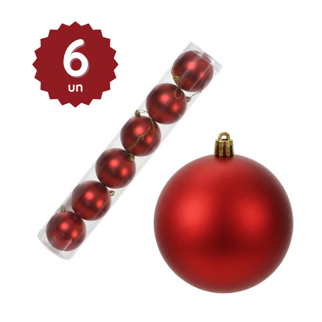 Kit 6 Bolas Natal 8cm Vermelha Fosca Enfeite Pendente Árvore Decoração Natalina Luxo Premium