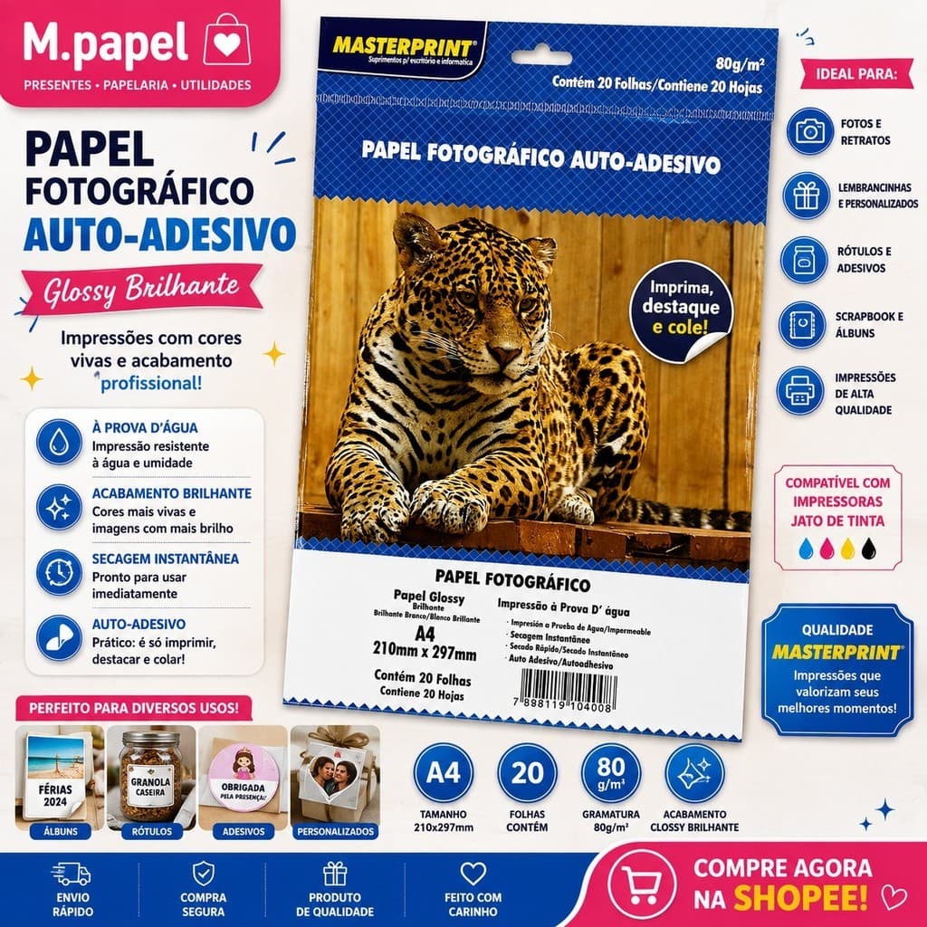Papel Fotográfico Autoadesivo A4 Glossy 80g 20 Folhas Brilhante para Impressão Adesivos e Rótulos