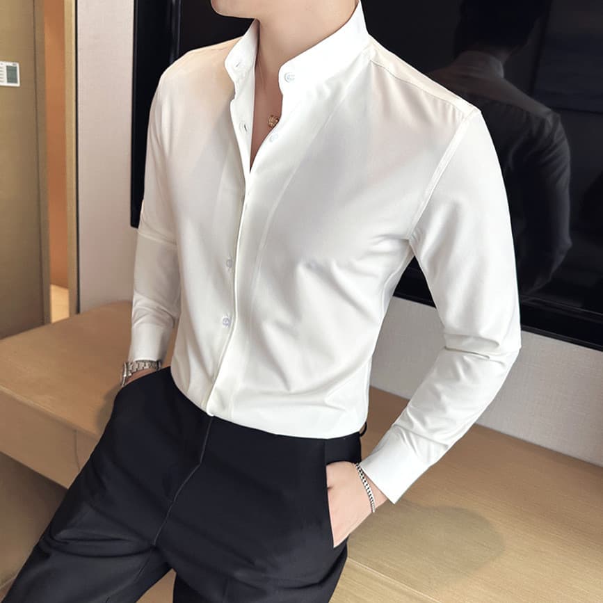 Estilo literário gola alta camisa masculina High-End sentido fino-ajuste de manga comprida terno camisa de fundo italian