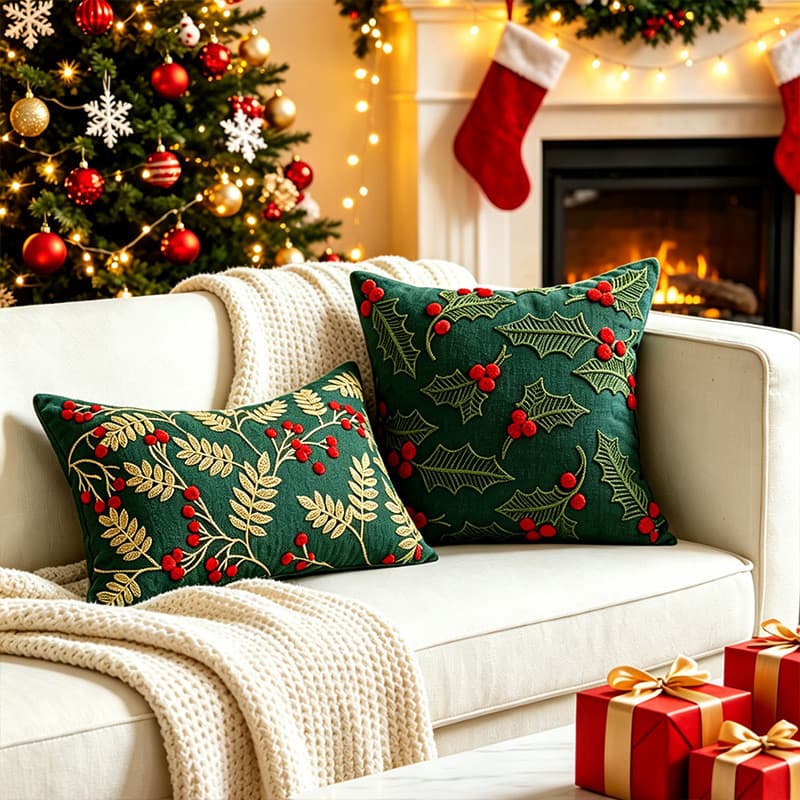 Capa de almofada bordada com árvore de Natal, capa de almofada de pelúcia verde, capa de almofada decorativa para sofá,