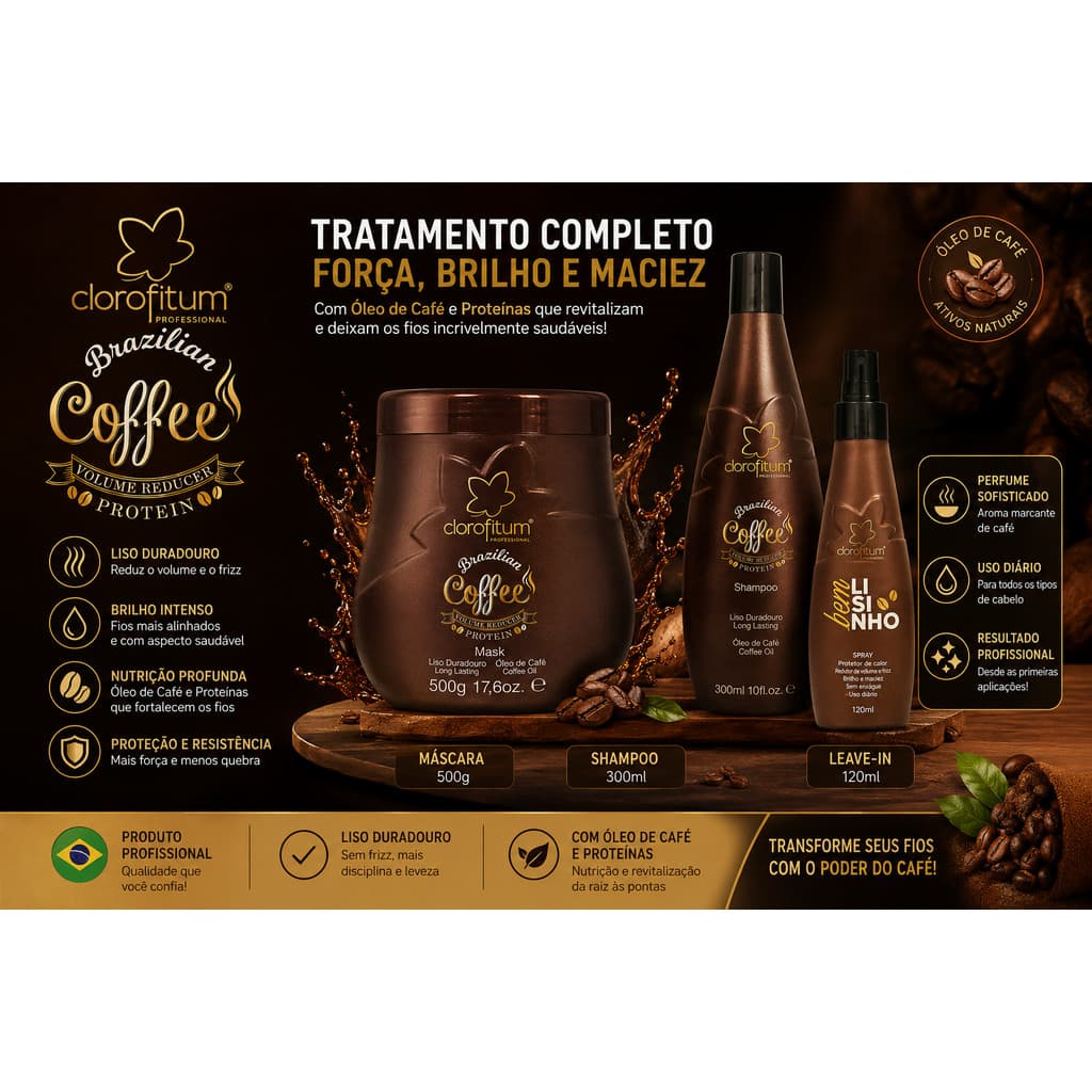 Kit Clorofitum Brazilian Coffee – Shampoo 300ml + Máscara 500g + Leave-in 120ml