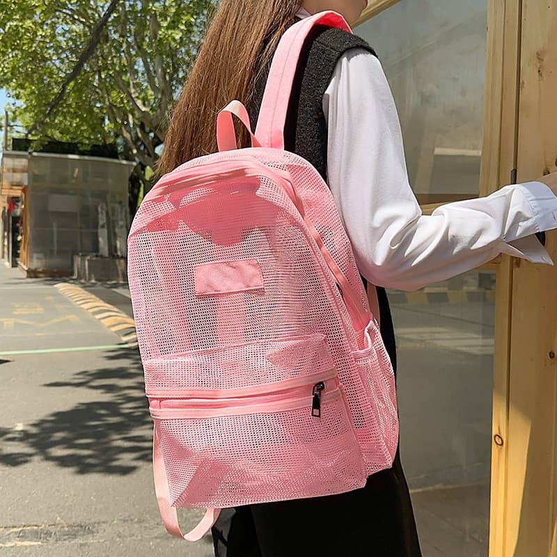 [Novo estilo] mochila de viagem verão mochila malha de náilon transparente carta saco na moda bolsa feminina saco de via