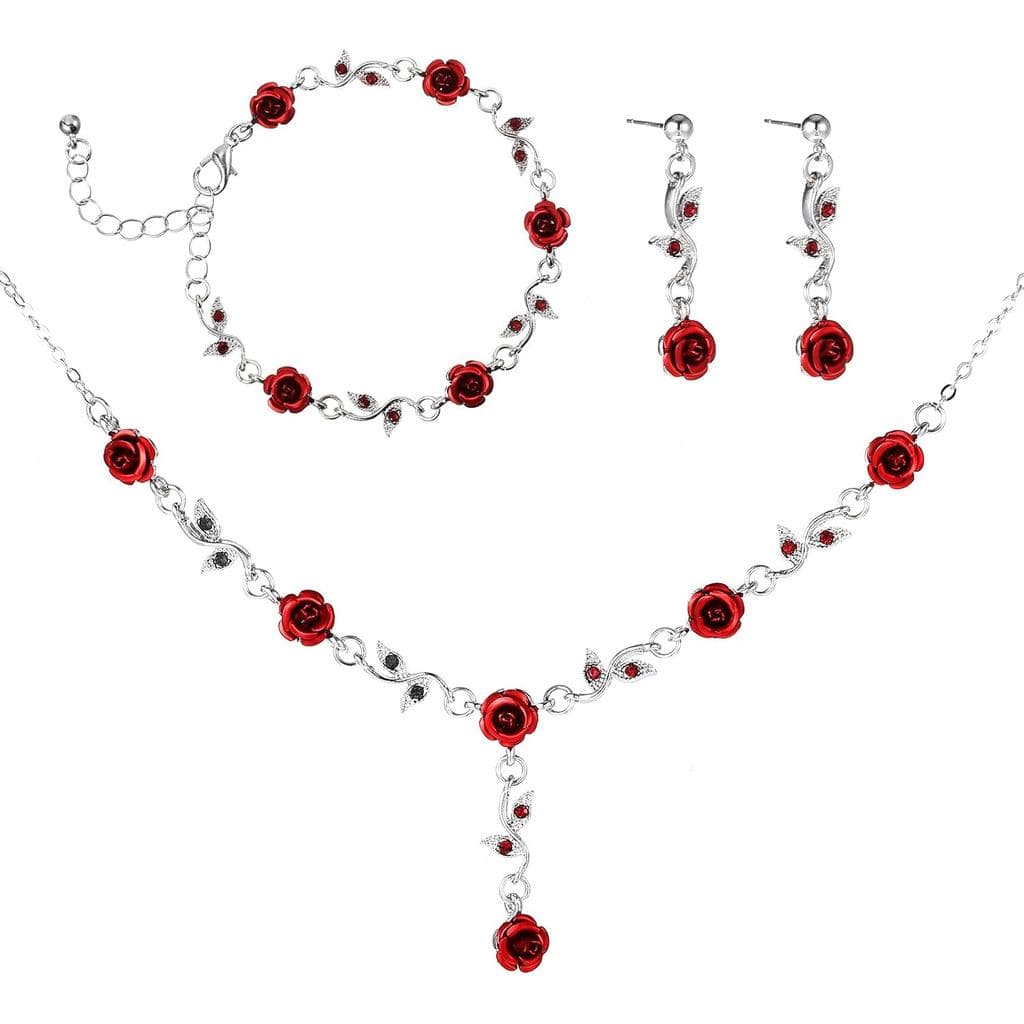 Red Rose Jewelry Set, 3Pcs Red Flower Necklaces for Women Rose Necklace Dangle Bracelet Set Vintage Earrings Pendant Amu