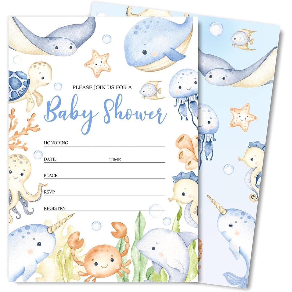 Convite para Chá de Bebê "Fundo do Mar" da AnyDesign com Envelopes e Adesivos, 5 x 7 Polegadas, Tema Oceano em Aquarela,