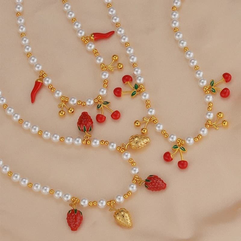 Novo Estilo Imitação De Pérola Colar Meninas Aço Inoxidável Multi-Elemento Pimentão Morango Colares Jóias Presentes