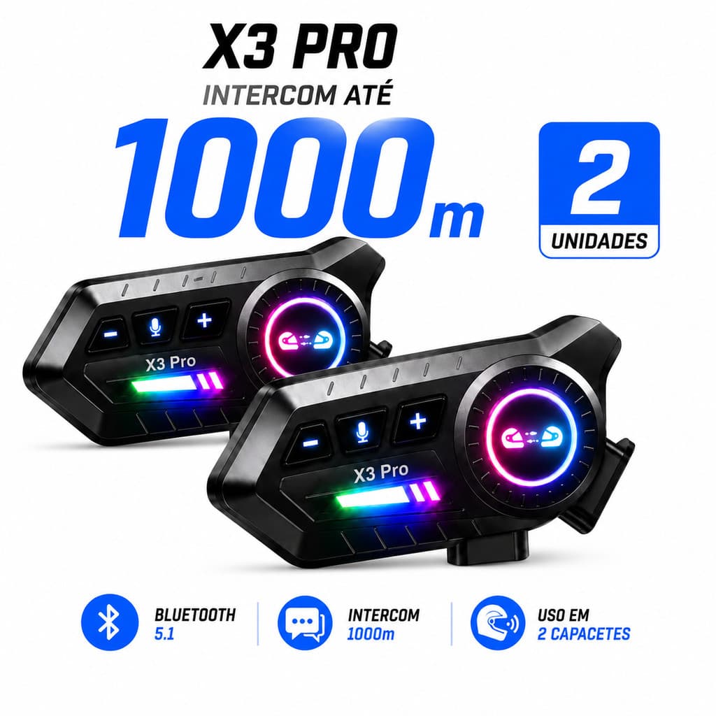 Intercomunicador para Capacete X3 PRO Kit Duplo Bluetooth 6.0 1000m IP67 RGB para Moto