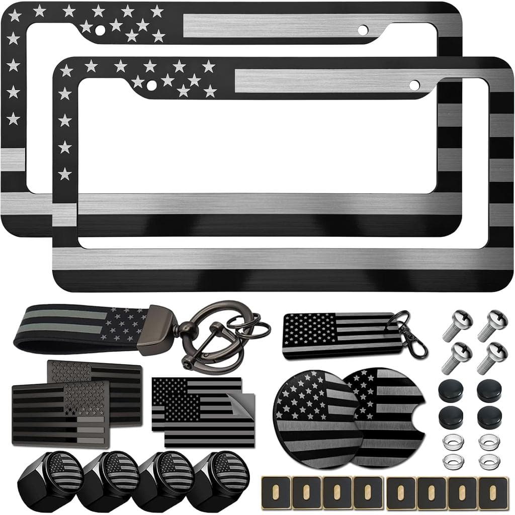 Porta-Placas de Carro com Bandeira Americana - Pacote com 2 Porta-Placas Patrióticos Pretos em Híbrido de Alumínio e Plá