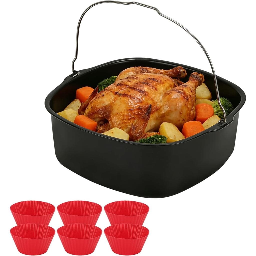 Assadeira para Air Fryer de 8 polegadas, Assadeira Quadrada para Air Fryer com 6 Formas para Muffin, Cesto Antiaderente
