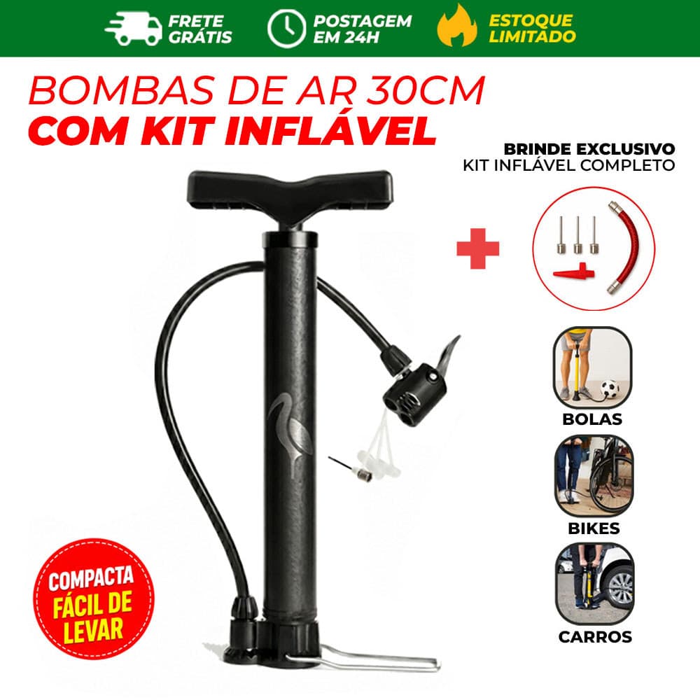 1x Bomba de Ar 30cm com Bicos Adaptadores Pneu Bike Moto Bola