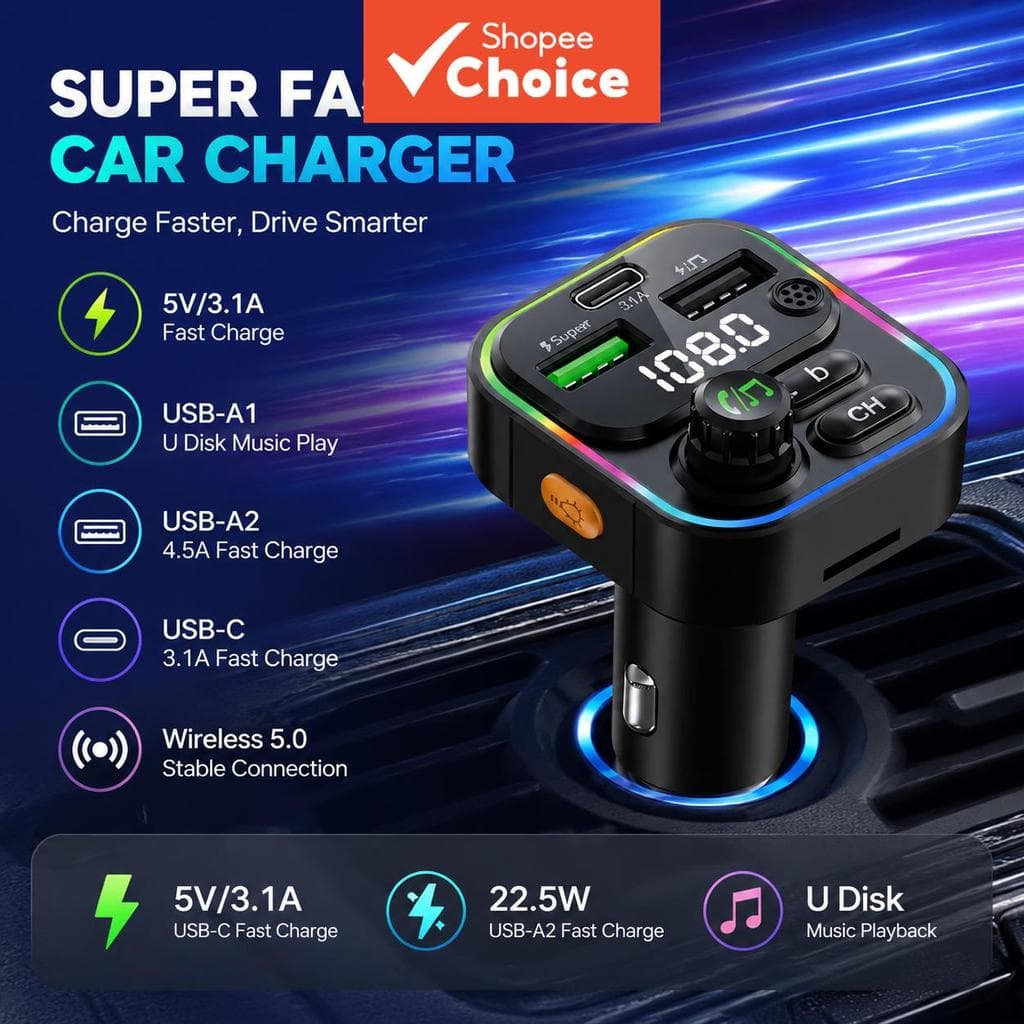 Kit Carro Mãos Livres MP3 Bluetooth 5.3 Compatível, Suporte Cartão TF/USB, Carregador Celular e Transmissor FM