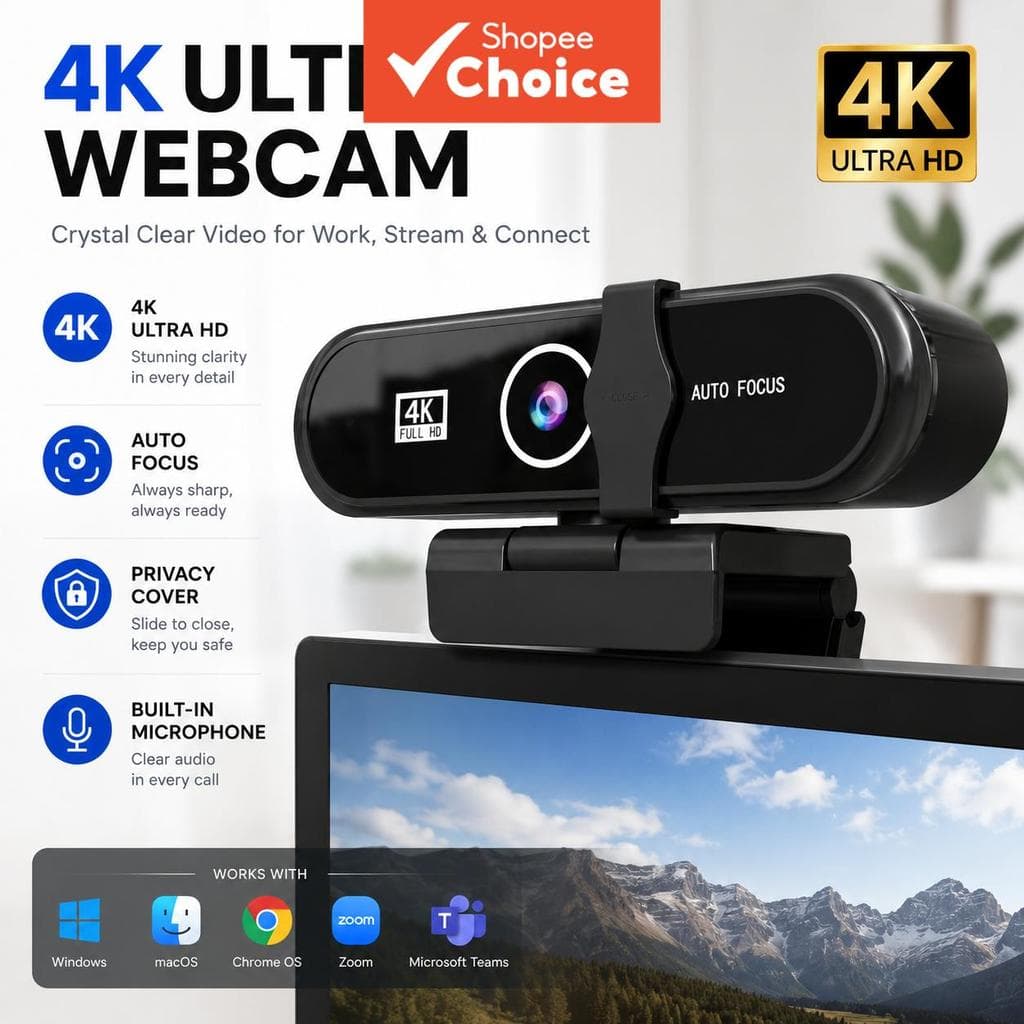 Webcam 4K para PC, Webcam USB com Microfone, Câmera de Computador com Foco Automático, Tampa de Privacidade, Plug & Play