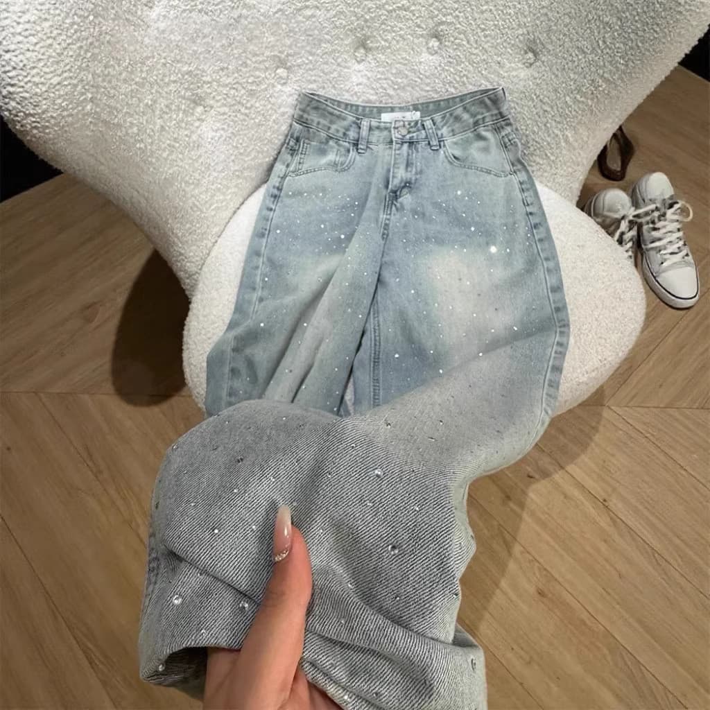 Gypsophila Hot Diamond Jeans feminino solto perna reta com diamante calças largas